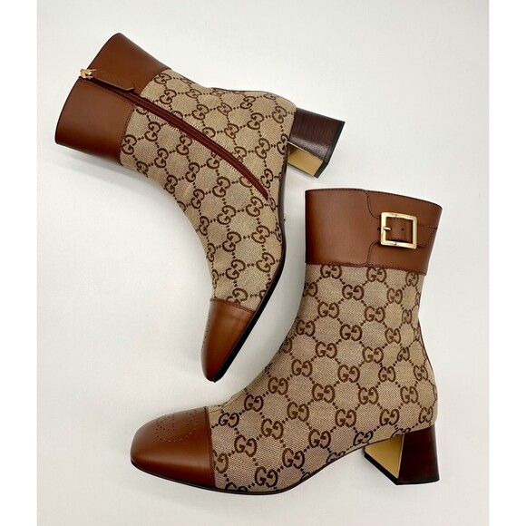Gucci Ellis GG Logo Leather Trimmed Ankle Boots Camel Ebony Canvas EU 39.5 US9.5 - Picture 4 of 14